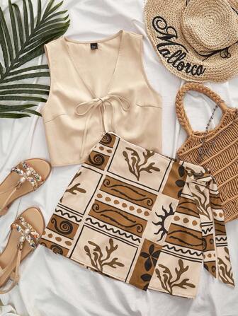 Travachic Conjunto de dos piezas corto multicolor con top en escote en V y falda con cremallera estilo bohemio. Conjunto de dos piezas para mujer para verano, outfit bohemio de dos piezas en tono tostado, outfit de desierto. Estampado gráfico tejido, atuendos casuales de verano y vacaciones, atuendos de playa y vacaciones bohemias, atuendos bohemios chic, atuendos de festivales y vacaciones, atuendos de playa para mujer, atuendos de verano para mujer, atuendo de graduación, atuendos de cumpleaños para mujer, accesorios de playa, atuendo de aeropuerto para mujer, verano europeo, atuendos de campo para mujer, vuelta al cole, homecoming, estilo old money para mujer, ropa de calle para mujer, Y2K, salida nocturna, ropa de otoño, ropa de invierno, lindo, atuendos para salir