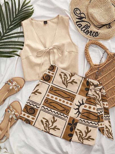 Travachic Conjunto de dos piezas corto multicolor con top en escote en V y falda con cremallera estilo bohemio. Conjunto de dos piezas para mujer para verano, outfit bohemio de dos piezas en tono tostado, outfit de desierto. Estampado gráfico tejido, atuendos casuales de verano y vacaciones, atuendos de playa y vacaciones bohemias, atuendos bohemios chic, atuendos de festivales y vacaciones, atuendos de playa para mujer, atuendos de verano para mujer, atuendo de graduación, atuendos de cumpleaños para mujer, accesorios de playa, atuendo de aeropuerto para mujer, verano europeo, atuendos de campo para mujer, vuelta al cole, homecoming, estilo old money para mujer, ropa de calle para mujer, Y2K, salida nocturna, ropa de otoño, ropa de invierno, lindo, atuendos para salir