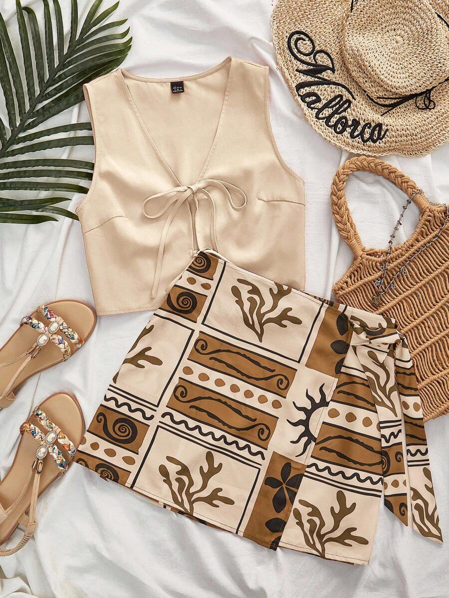 Travachic 多色短款两件套,搭配 V 领上衣和拉链波西米亚风半身裙,两件套女士夏季套装,波西米亚风两件套,棕褐色两件套沙漠装,编织图案印花,女士休闲夏季度假装,波西米亚海滩度假装,波西米亚风时尚,节日装,女士海滩装,女士夏季装,毕业装,女士生日装,海滩必备品,女士机场装,欧洲夏季装,女士乡村装,返校装,返校节装,老钱风格女士,街头女士,Y2k,夜间外出,秋季服装,冬季服装,可爱,外出装 - 彩色 - 查看 1