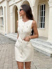 Serisse 女士休闲优雅仿珍珠纽扣粗花呢连衣裙，适合派对、秋季、冬季等各种场合，包括休闲、正式优雅场合，款式优雅大方，也适合夏季穿着，例如白色毕业礼服、日常穿着、外出、度假、教师装、商务休闲女装、早午餐装、办公室服装、万圣节服装、返校节礼服等。 - 杏色 - 查看 4