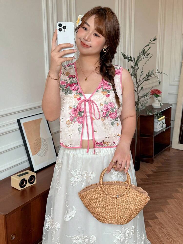 SHEIN LUNE Chaleco de punto sin mangas con cuello en pico y lazo para mujer de talla grande, estilo europeo y americano, blusa floral de verano con estampado de rosas, para vacaciones, salidas, maestras, blusas lindas, estilo vintage de dinero antiguo, ropa de calle coreana estilo kawaii, vuelta al cole, ropa de calle vintage - Multicolor - Ver 5