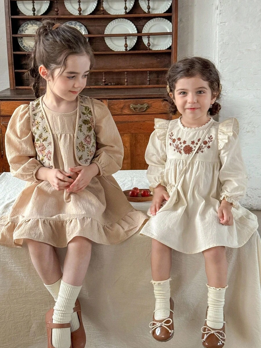 LMoss Kids LMoss  Baby Girl Woven Solid Color Embroidered Ruffle Sleeve Dress With Crossbody Bag - Beige - View 1