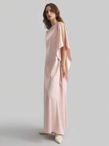 Ontre 女式新款优雅斗篷斗篷船领粉色缎面喇叭裙连衣裙，春夏