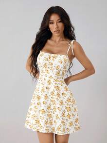 SHEIN PETITE 女士碎花荷叶边吊带迷你连衣裙，度假风格 - 黃色 - 查看 6