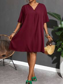 Slaydiva 2025 New Arrival/Easter/Western Style/Elegant Casual Commute/Business Casual Women's Short Sleeve Shirt Dress, Elegant Personalized Design V-Neck Chiffon Blouse Loose Short Sleeve Ruffle Sleeve Dress Plus Size Casual Dress Plus Size Burgundy Dress Plus Size Vacation Dress Plus Size Dress Burgundy Dress - Burgundy - View 10