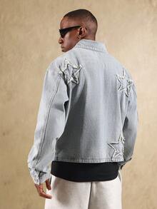 SUMWON Áo khoác denim đính hình ngôi sao rách rưới phong cách đường phố Grunge Áo khoác ngoài thường ngày có khóa kéo phía trước, viền thô, họa tiết ngôi sao, thiết kế hiện đại, tuyên bố thời trang - Màu xanh lam - Xem 3