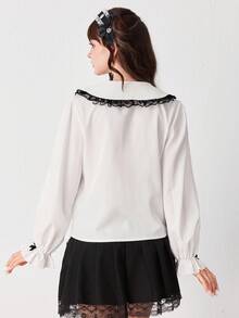 ROMWE EDITION 女士时尚可爱彼得潘领蕾丝边长袖衬衫 - 白色 - 查看 3