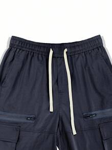 Men Loose Flap Pocket Side Cargo Pants, Men Navy Blue Cargo Pants, Men Cargo Pants With Multiple Pockets, Men Baggy Cargo Pants, Men Relaxed Fit Cargo Pants - Navy Blue - View 6