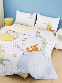 LE PETIT PRINCE X SHEIN 3 قطع طقم نوم مطبوع بالرسومات الكرتونية، قماش مخملي ناعم ودافئ، غطاء لحاف أبيض، مقاس كينج، بنمط الثعلب والورود والنجوم والقمر، متعدد المقاسات يناسب أسرّة توين/فول/كوين/كينج