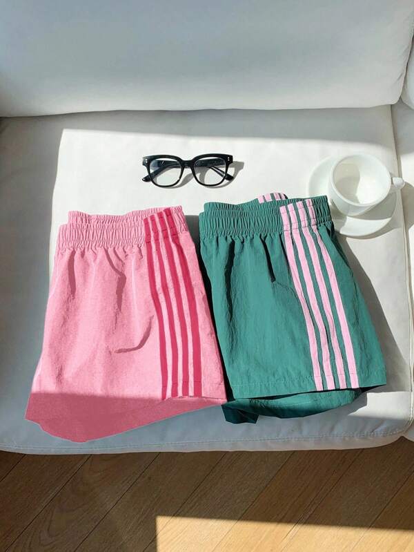 Comfortcana 2 Stücke Damen Kontrast-Farben Taillenbund Shorts, Sommer