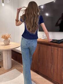 Pariaura 法式蕾丝V领纽扣褶皱女式衬衫，适合大学生穿着 - 藏蓝色 - 查看 3