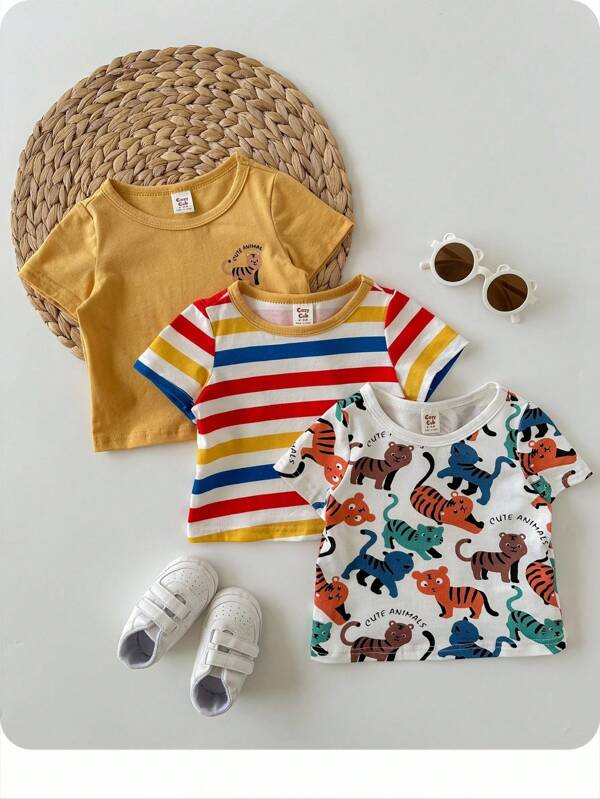 Baby Boy 3pcs Striped & Cartoon Graphic Tee