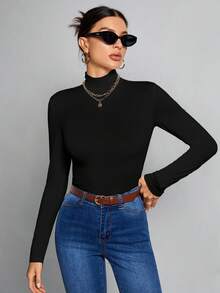 SHEIN Tall Simple Solid Color Slim High Collar Black Top Suitable For Autumn And Winter,Fall,Black Tops - Black - View 6