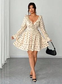 Elenzga 加大码雪纺圆点深 V 领荷叶边下摆性感优雅浪漫蝴蝶结连衣裙 - 杏色 - 查看 9