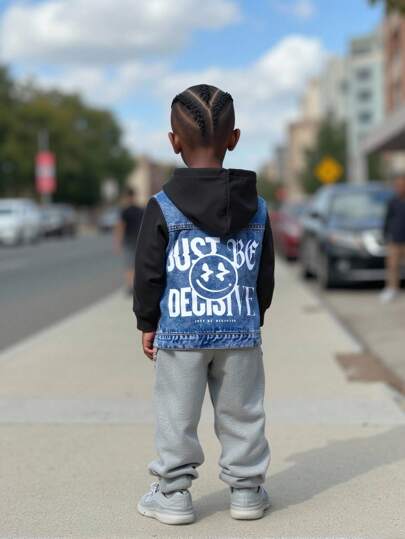 小男孩秋冬新款针织连帽牛仔外套，休闲时尚字母印花个性拼接设计中号洗水蓝色连帽牛仔外套，适合日常休闲穿着，背上校