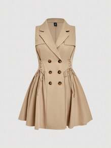 SHEIN MOD 大码女式米色束腰泡泡袖无袖风衣 - 卡其色 - 查看 8