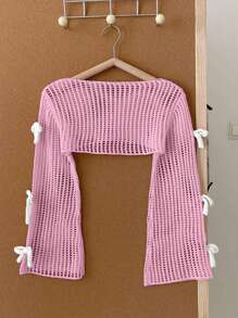 SHEIN 女童米色套头毛衣，可爱休闲时尚3D粉色蝴蝶结针织开衫 - 粉色 - 查看 2