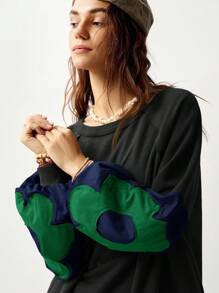 Bohemela Women's Solid Color Block Crew Neck Long Sleeve Floral Decor Sweatshirt, Casual Wear Fall Topspull Oversizeblouse Green Oversized Tops Aesthetic Tops Sleeve Top Oversized Graphic Tees Women Long Sleeve Tops, - Multicolor - View 7