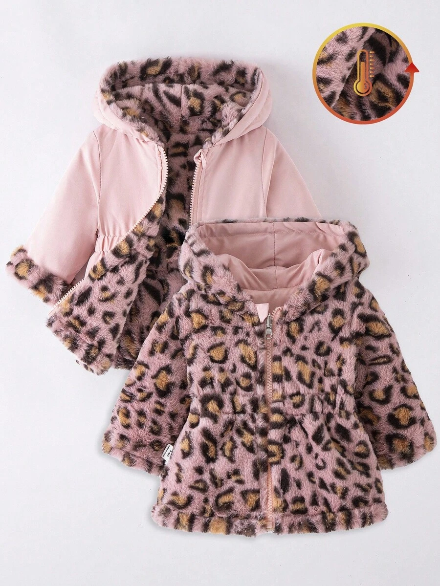 SHEIN Playful Pals Toddler Girls' Winter New Thickened Reversible Hooded Zipper Jacket, Leopard Print Padded Cotton Outerwear For School & Casual Wear Fall - Pink - View 1