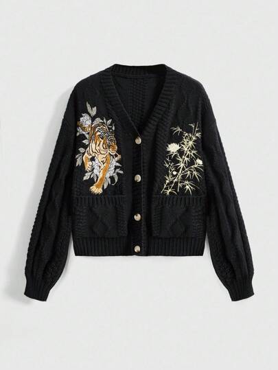 Women's Subculture Vintage Tiger & Leaf Embroidered Loose Cardigan, Autumn/Winter
