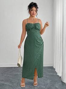 Flirla Plus Size Women's French Style Vacation Beach Gathered Bust Shirred Waist Slip Dress, Sleeveless, Suitable For Spring & Summer