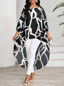 SHEIN Lady 春夏优雅通勤办公室休闲波西米亚风彩色编织圆领高低袖 T 恤衬衫