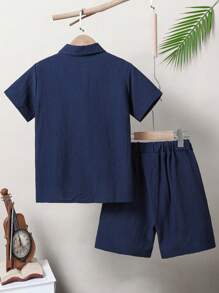 SHEIN 青少年男孩實色口袋修補釦子衬衫配短裤,不含內搭t恤 - 藏蓝色 - 查看 2