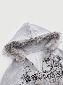 ROMWE Grunge Punk Y2K Subculture 复古修身豹纹连帽卫衣，复古藤蔓印花水钻装饰女式卫衣 - 灰色 - 查看 4