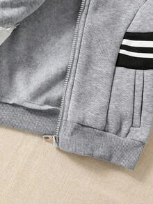 SHEIN Explorewe 2件套男童条纹长袖拉链羊毛夹克和慢跑裤休闲装 - 淺灰色 - 查看 8