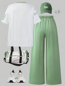 Sparklyn 2 件套女童休闲时尚街头风格数字和英文条纹图案 V 领宽松 T 恤和阔腿裤运动套装，日常穿着 - 彩色 - 查看 2