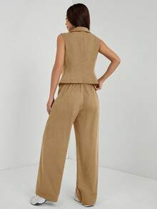 SHEIN PETITE Bộ trang phục thu hai mảnh 2 món/bộ dành cho nữ Áo không tay màu trơn và quần dài - màu nâu - Xem 2