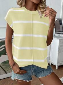 EMERY ROSE 女士休闲宽松圆领插肩无袖针织背心，时尚条纹拼布套头毛衣背心，秋冬 - 杏色 - 查看 5