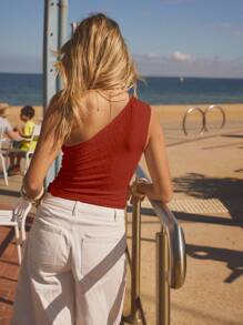 Aralina Women's Casual Vacation Asymmetrical Neck Sleeveless Top - Red - View 2
