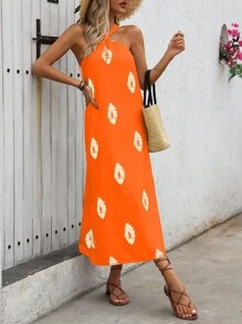 EMERY ROSE Summer Geo Print Split Hem Halter Dress Maxi Vacation Beach Outfits Women - Orange - View 6
