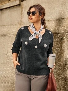 Calvaya Modischer, lässiger, eleganter, bestickter Pullover in Große Größen, grauer Damen-Pullover, Pullover für Frauen, Pullover für Frauen, Gänseblumen-Pullover
