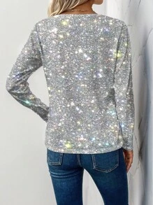 INAWLY Women's V-Neck Long Sleeve T-Shirt With Full-Width Crystal Diamond Pattern Digital Printing, Casual Style For Spring And Autumn For Spring Fall Cloth For Women - Multicolor - View 2