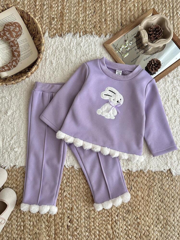 SHEIN Baby Girls' Casual Cute Rabbit Embroidery Fuzzy Hem Round Neck Long Sleeve Knit Top And Flare Leg Pants Set, Autumn/Winter Fall - Purple - View 7