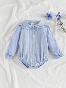 SHEIN Vintaside Kids Infant Girls' Cute Comfortable Casual Fresh Blue Peter Pan Collar Long Sleeve Bodysuit, Autumn/Winter Fall - Blue - View 1