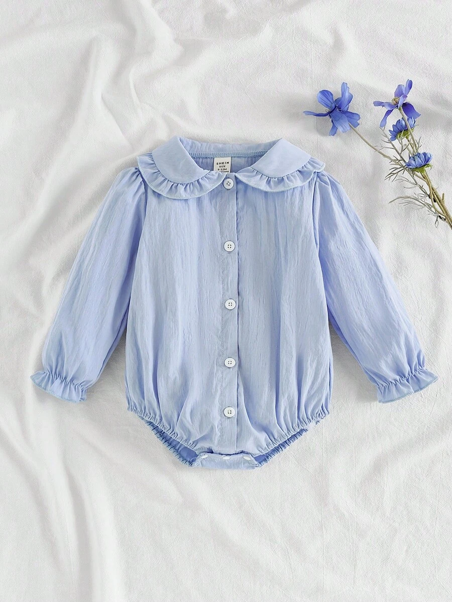 SHEIN Vintaside Kids Infant Girls' Cute Comfortable Casual Fresh Blue Peter Pan Collar Long Sleeve Bodysuit, Autumn/Winter Fall - Blue - View 1