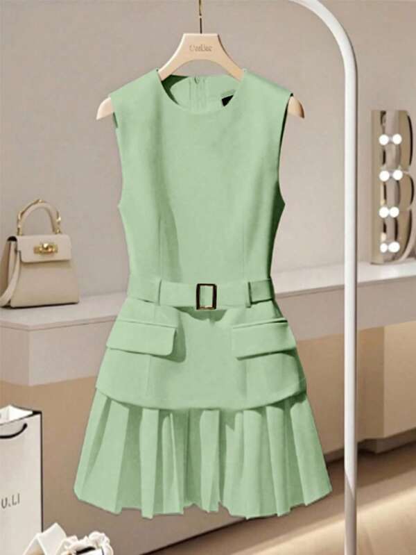 Franclia Elegant French Stylish Simple Versatile Round Neck Sleeveless Belted Waist Hem Pleated White Woven Dress For Women, Spring/Summer, Business Casual, Graduation