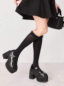 ROMWE Kawaii 1雙女款四季通用深色甜美百搭蕾絲飾邊小腿襪 - 黑色 - 查看 3