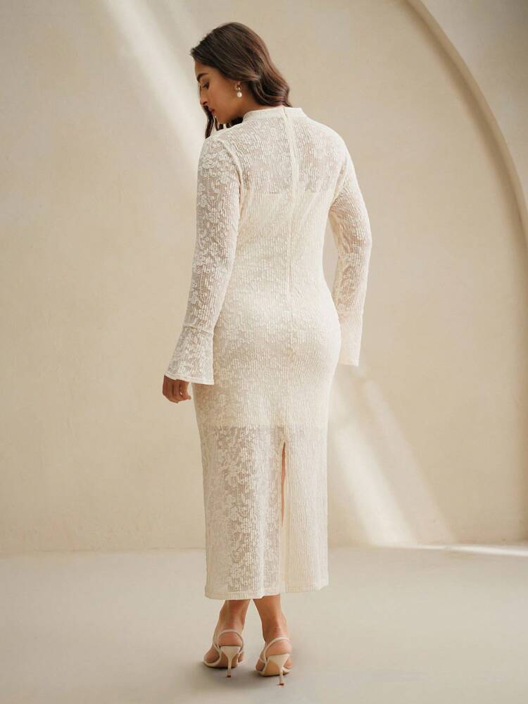 Plus Size Sexy And Elegant Apricot Long Dress With Cinched Waist Design, Suitable For Date Nights Maxi Lace Women Outfit, White Dress