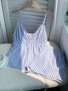Comfortcana Casual Vacation Striped V-Neck Ruffle Camisole And Shorts 2 Pieces Set Striped Set Beach Women Summer Sets - Blue - View 1