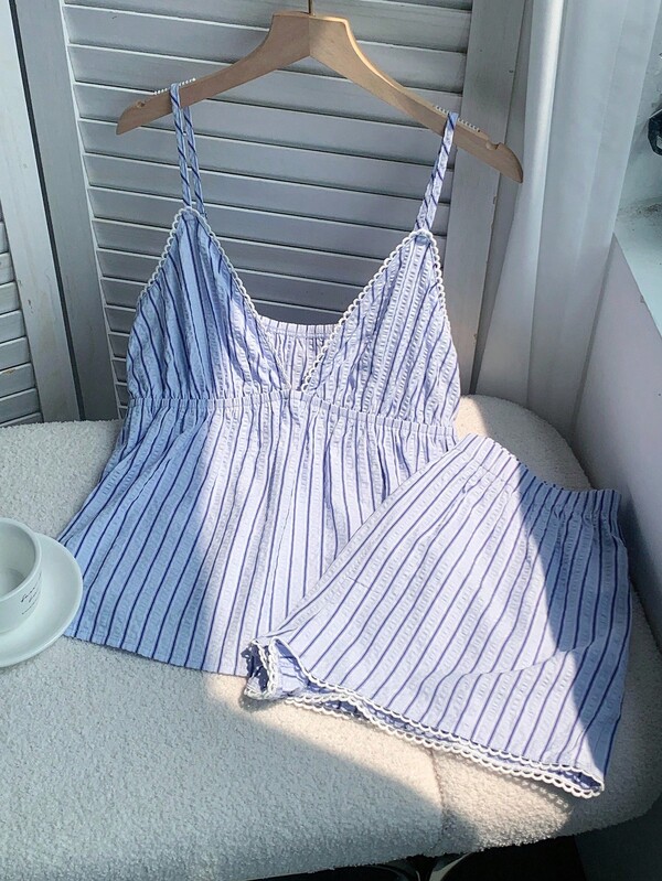 Comfortcana Casual Vacation Striped V-Neck Ruffle Camisole And Shorts 2 Pieces Set Striped Set Beach Women Summer Sets