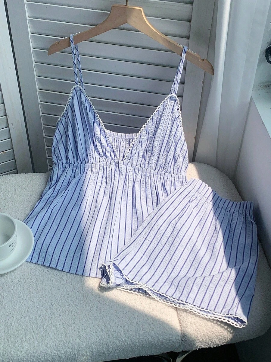 Comfortcana Casual Vacation Striped V-Neck Ruffle Camisole And Shorts 2 Pieces Set Striped Set Beach Women Summer Sets - Blue - View 1
