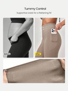 GLOWMODE 24 英寸 CoreHold FeatherFit™-Sculpt CoreHold 防滑贴身塑形无前缝紧身裤，带侧袋，中等强度健身慢跑健身房训练 - 卡其色 - 查看 5