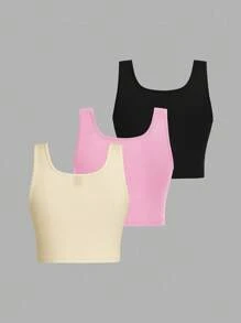 SHEIN EZwear 3件套 女士黑色、黄色、粉色短款紧身休闲吊带背心，适合夏季穿着 - 彩色 - 查看 3