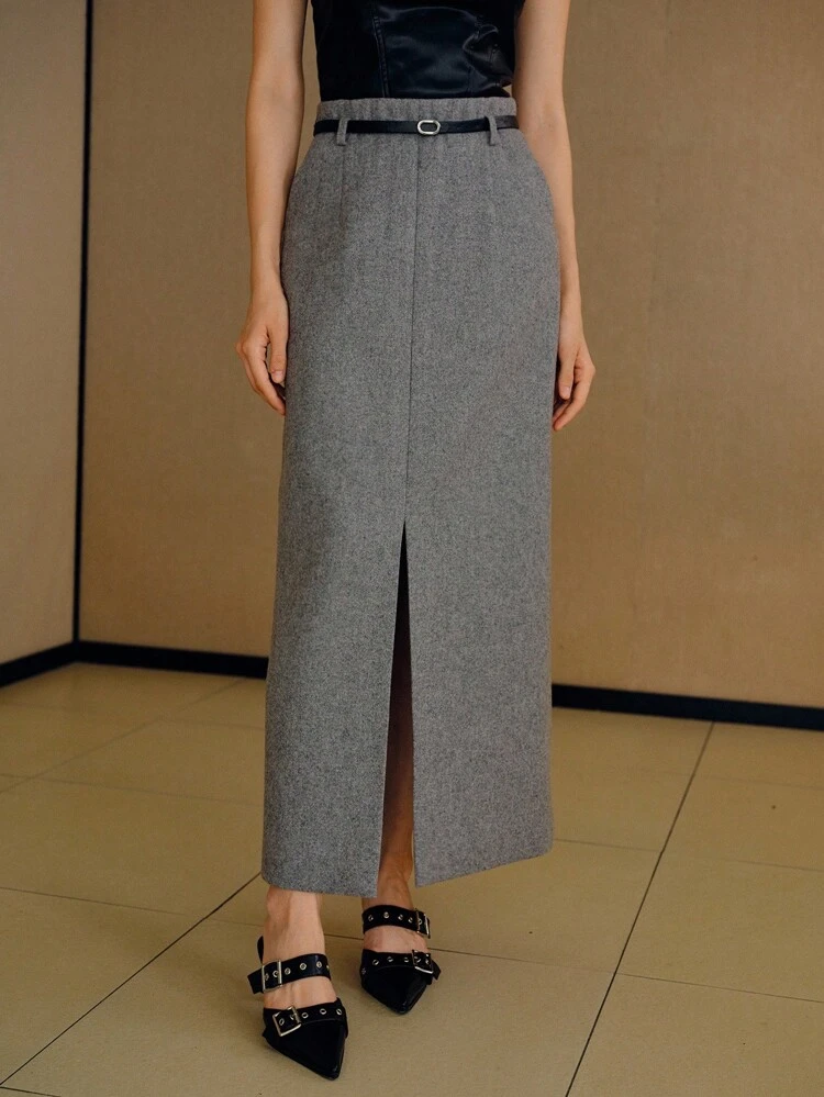 WOMEN'S GREY WOOL BLEND SKIRT, WINTER