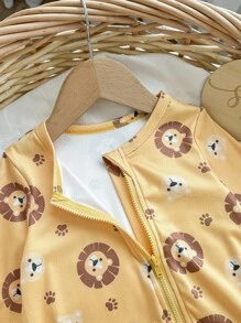 Newborn Baby Boy Cute Cartoon Lion Graphic Round Neck Long Sleeve Zipper Front Soft & Breathable Romper - Yellow - View 6