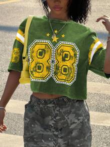 Rovax 女式拼色数字印花圆领落肩短款宽松T恤，夏季